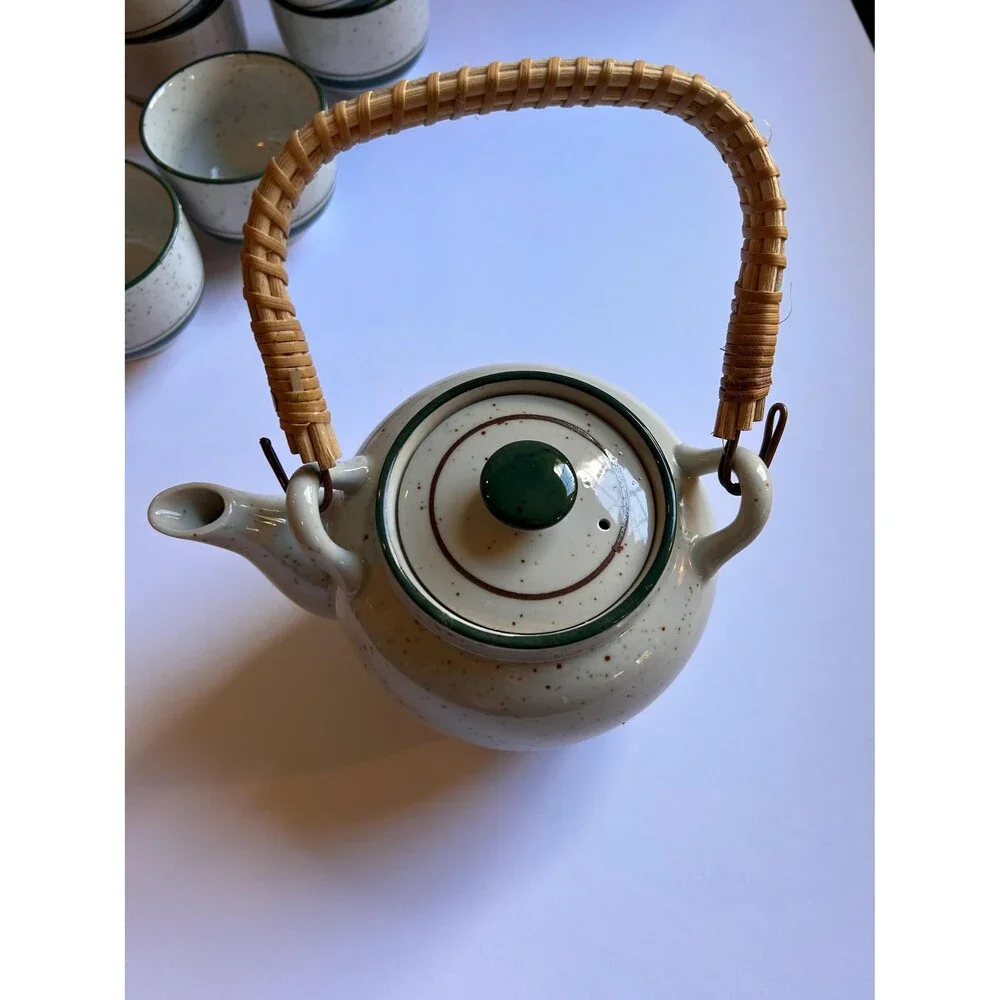 Vintage Stoneware Teapot & 6 Cups, Speckled Ceramic Tea Set, Green Stripe